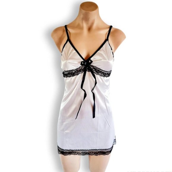 Y2k, white satin-look, transparent nighte / slip dress with black lace & ribbon - Picture 2 of 4